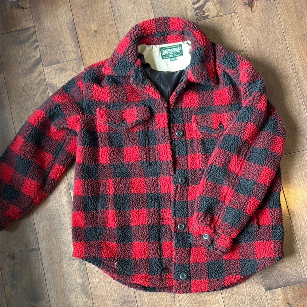 American Eagle Outfitters Red and Black Fleece Shacket